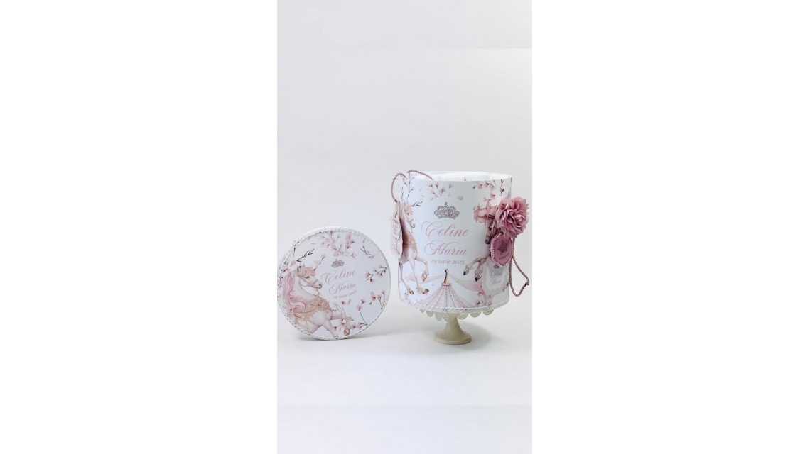 Trusou botez carusel cu cai roz pal si flori pastelate Pink Carousel 8